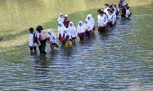 Rela Bertaruh Nyawa, Puluhan Anak SD Terpaksa Harus Menyeberangi Sungai untuk Sampai ke Sekolah