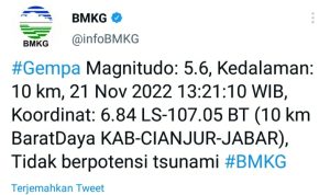 Gempa 5,6 Magnitudo Guncang Cianjur