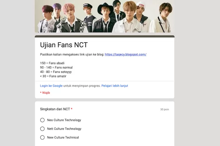 LINK TEST Ujian Fans Terhadap NCT Google Form